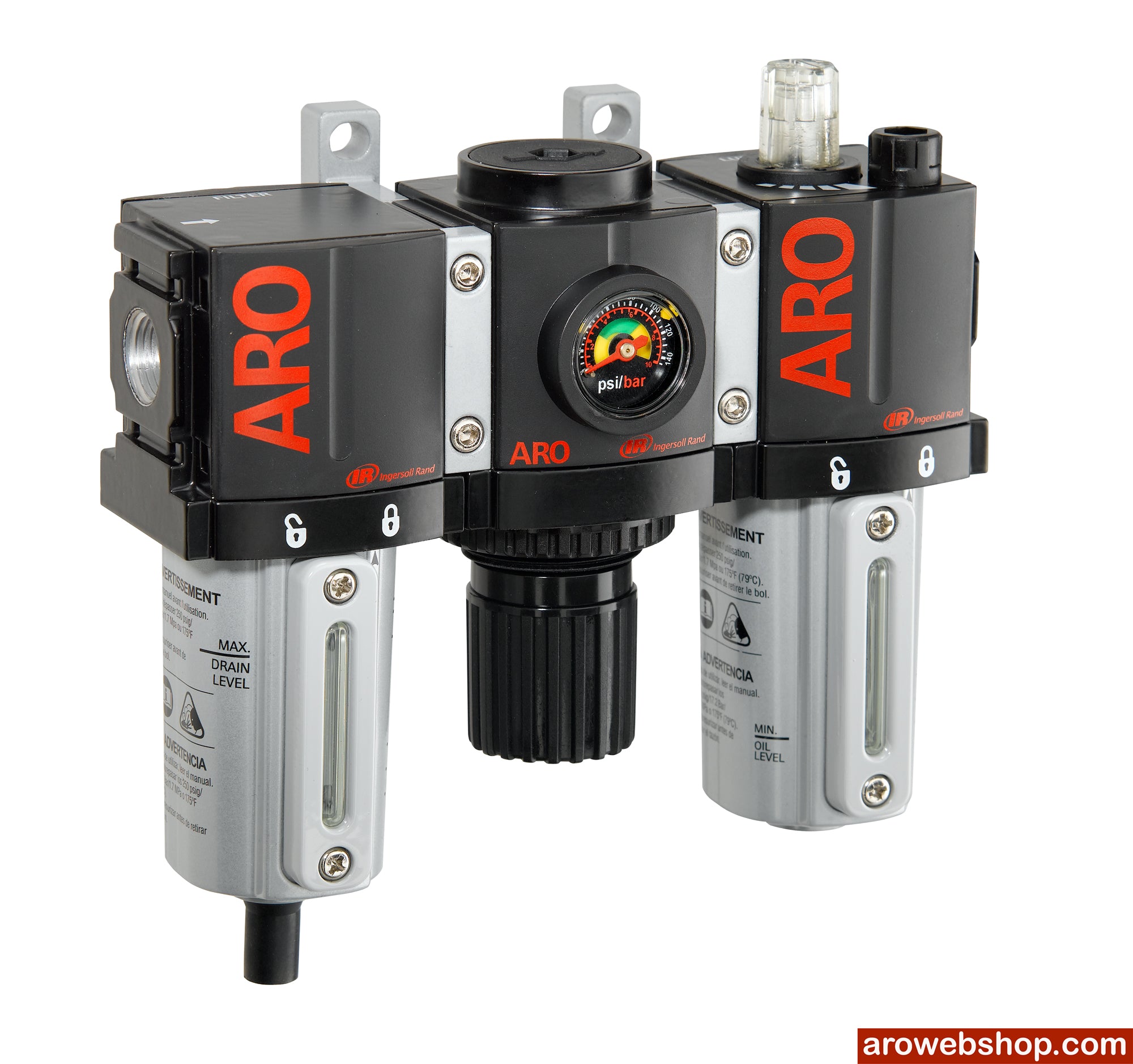 C382C1-811 Filter-regulator-oiler 3-piece combination 3/8" BSP ARO Flo series 1500 polycarbonate container with manual drain from the front