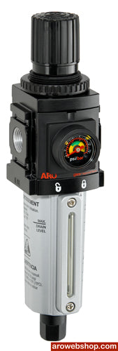 P392C4-614 Filter regulator 3/8" ARO-Flo series 1500 Metal tank with automatic drain and sight glass from the side and front