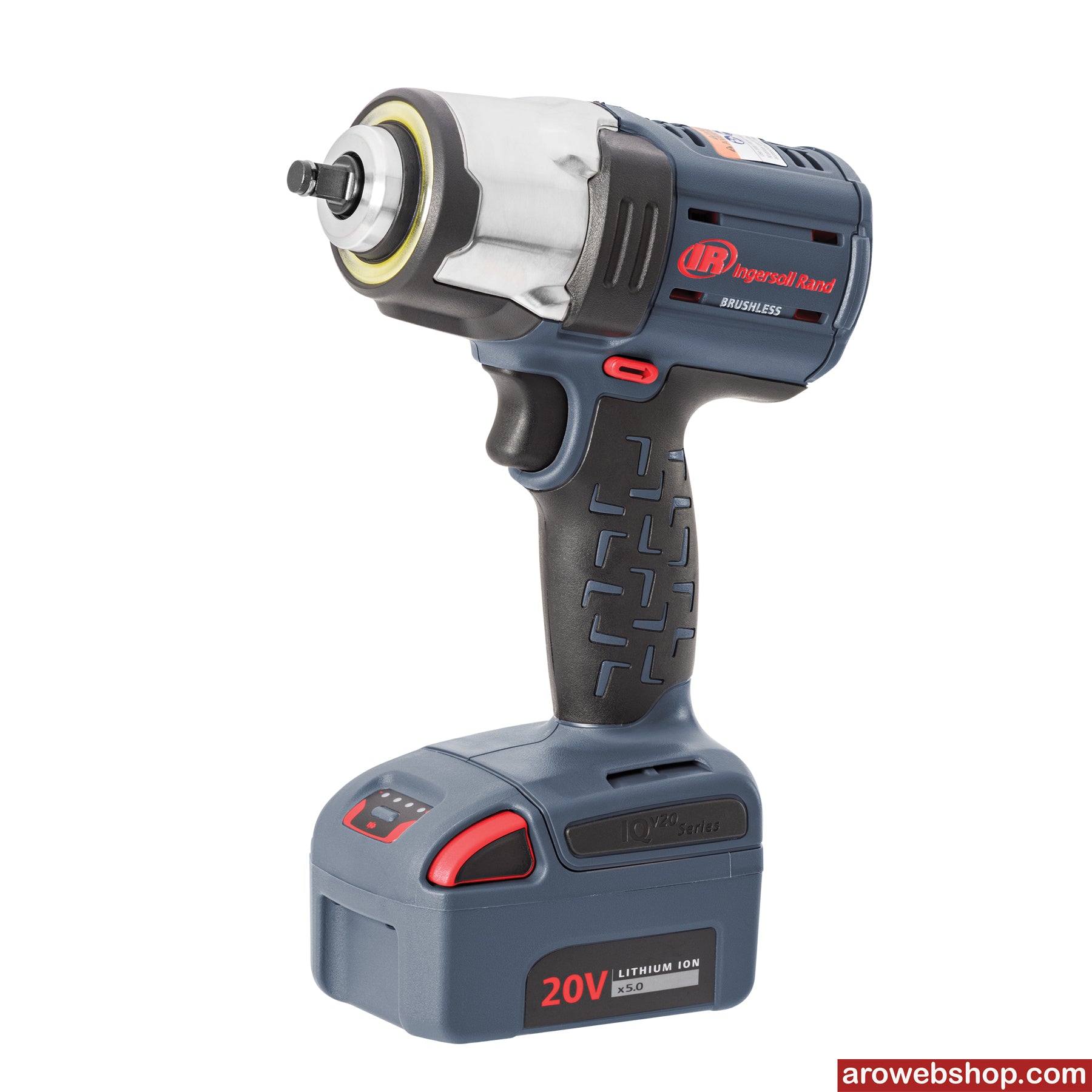 Atornillador de impacto con batería 20 V 3/8" W5133 Ingersoll Rand 500 Nm, máquina con batería BL2022, vista lateral inclinada