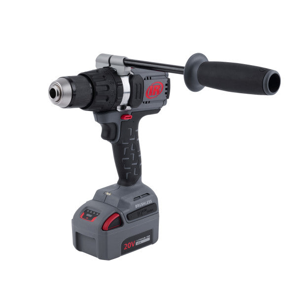 Wiertarko-wkrętarka akumulatorowa SET 20V D5241-K22-EU Ingersoll Rand, wiertarka z uchwytem pomocniczym i akumulatorem, widok z lewej strony pod kątem