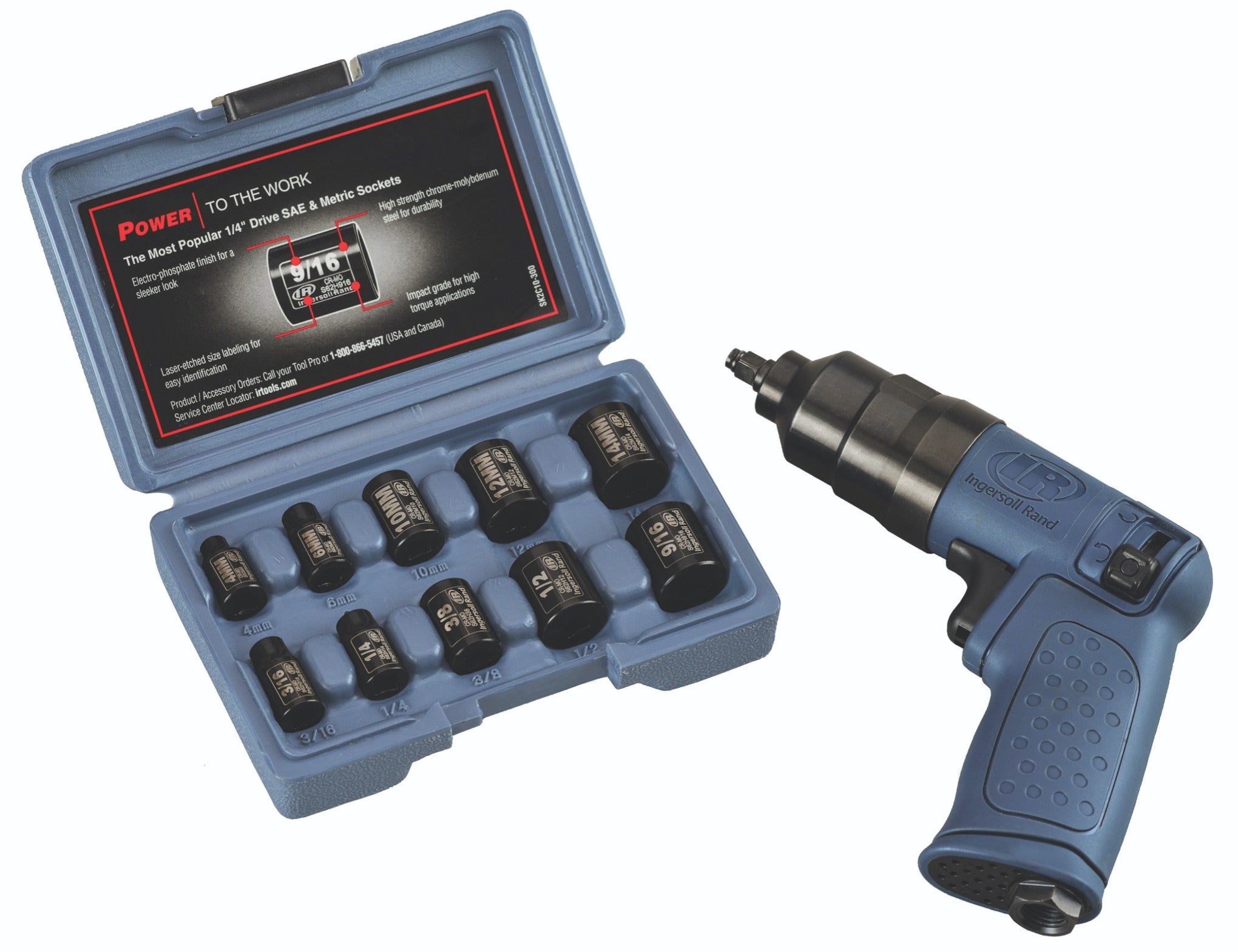 Zestaw klucza udarowego pneumatycznego 1/4” 2101KA Ingersoll Rand, po lewej stronie walizka z zestawem kluczy nasadowych 1/4", po prawej stronie klucz udarowy