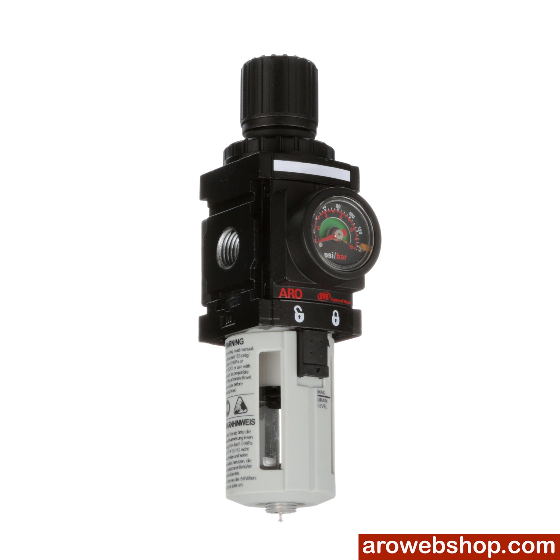 P39124-604 Regulator filtracyjny 1/4" Seria ARO-Flo 1000 Pojemnik z poliwęglanu z automatycznym spustem, widok z boku i z przodu