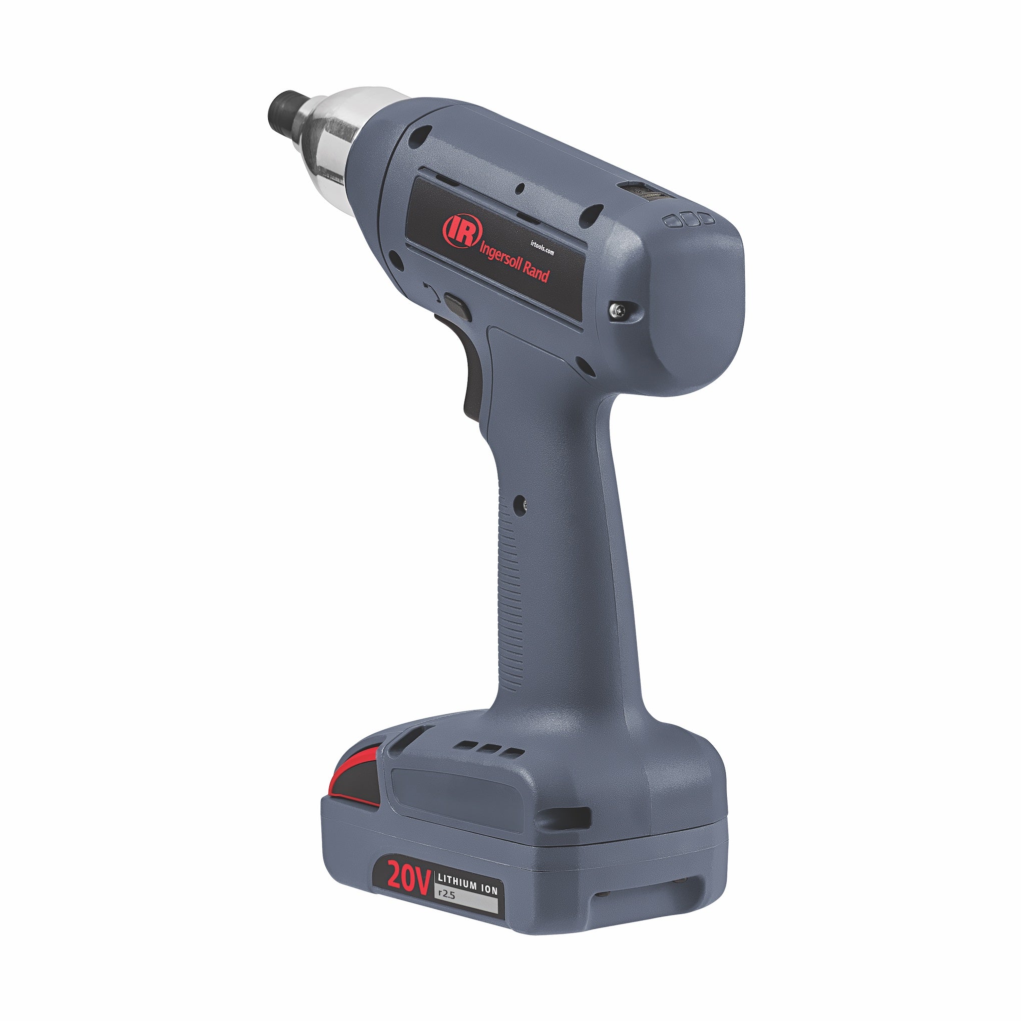 Precyzyjna wkrętarka akumulatorowa QXN z serii QX-Series™ Ingersoll Rand od tyłu i ukośny widok z lewej strony z akumulatorem