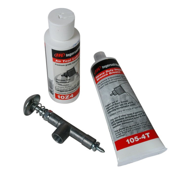 105-LBK1 Lubricant kit for impact wrenches with metal housing, rear left 110 g bottle of air motor oil, front left grease gun and front right 80 g tube of impact mechanism grease