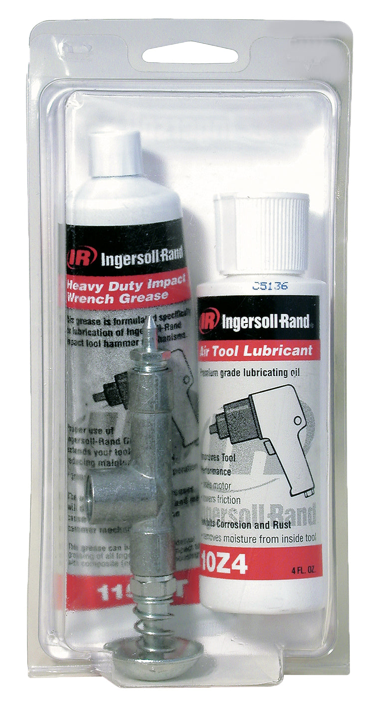 115-LBK1 Lubricant kit for impact wrenches with composite housing, impact mechanism grease, air motor oil and grease pump in packaging, rear view