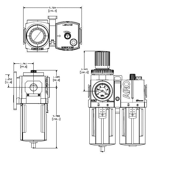 Drawing for C383D1-600 Filter-regulator-oiler 2-piece combination 1/2" BSP ARO-Flo series