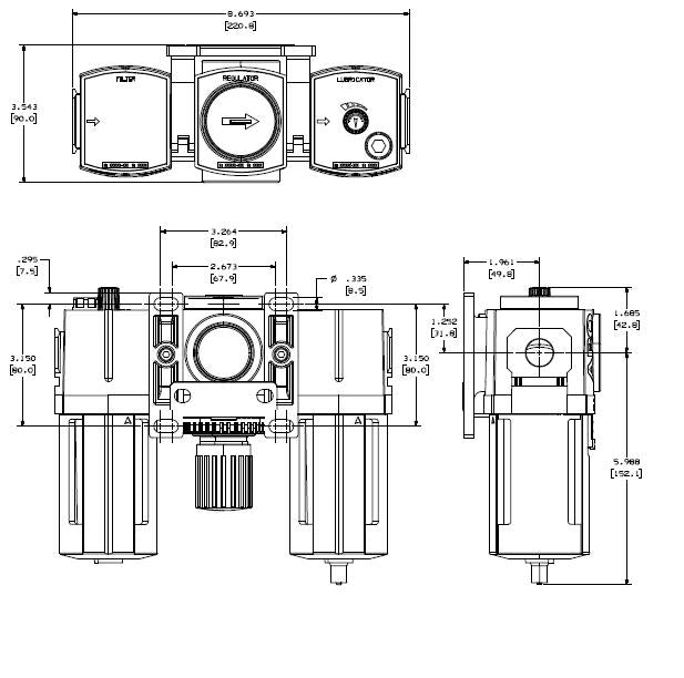 Drawing for C383D1-811 Filter-regulator-oiler 3-piece combination 1/2" BSP ARO Flo series
