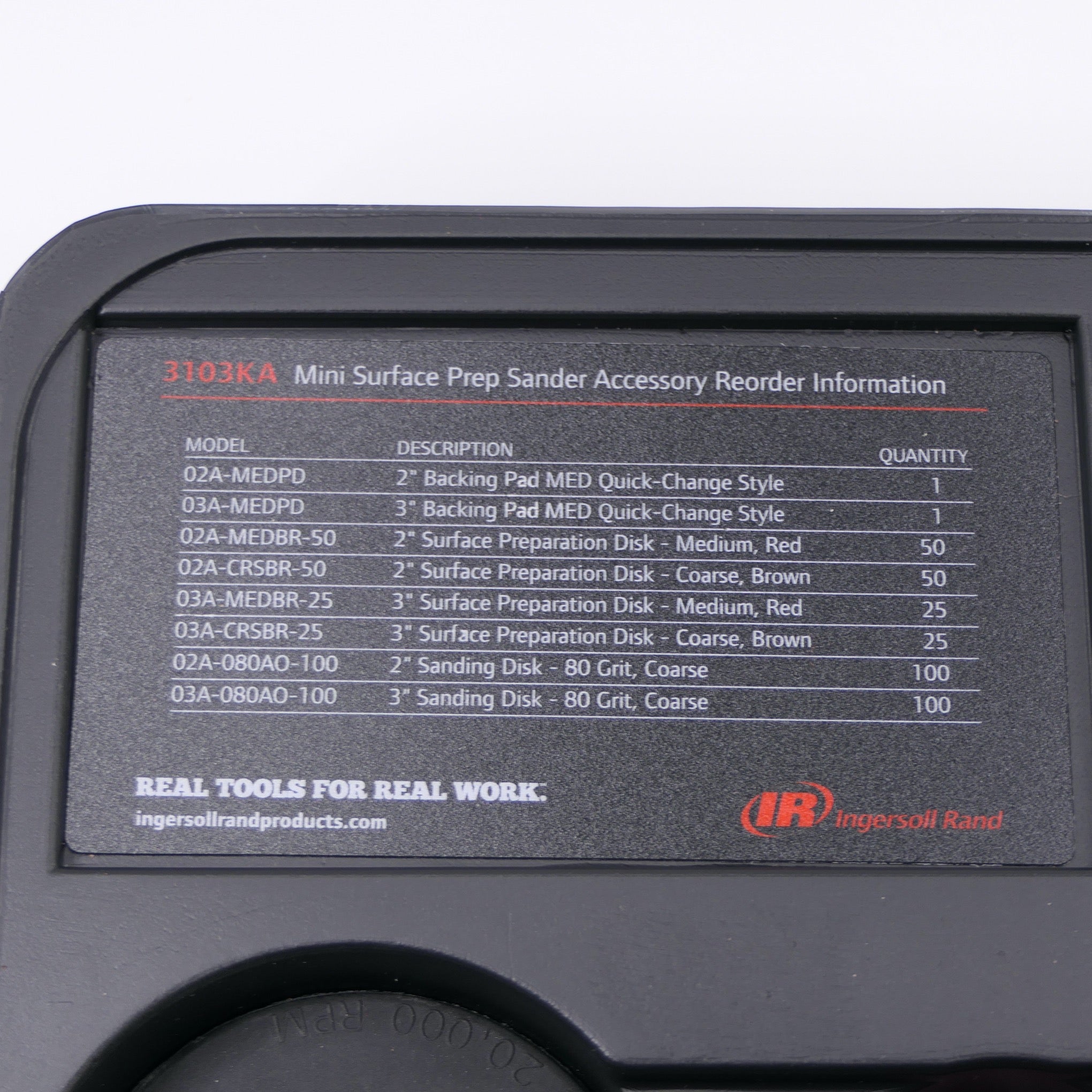 Compressed air sander SET 3103KA Ingersoll Rand with abrasive, instructions for reordering accessories