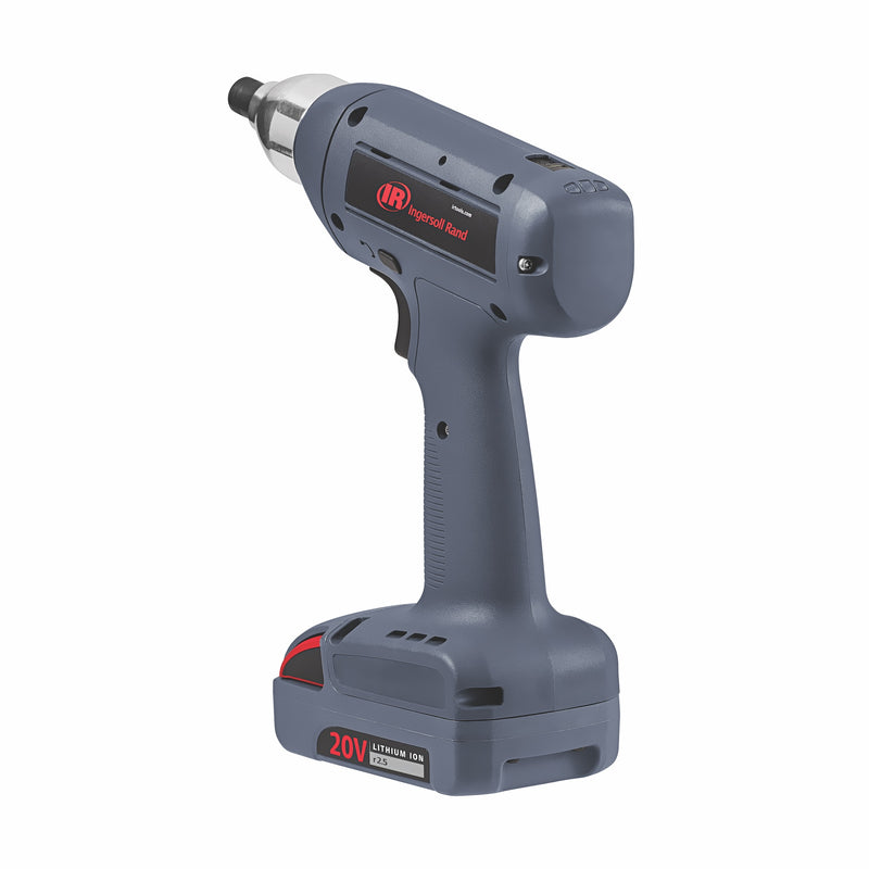QXN precision cordless screwdriver of the QX-Series™ Ingersoll edge from behind and angled left side view with battery