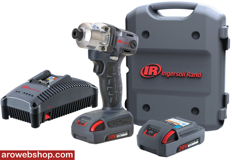 AKKU impact wrench SET 20V 1/4" Hex W5111-K22-EU Ingersoll Rand 215 Nm, machine in inclined left side view front with 2x AKKU BL2012 2.5 Ah, charger BC1121-EU and case