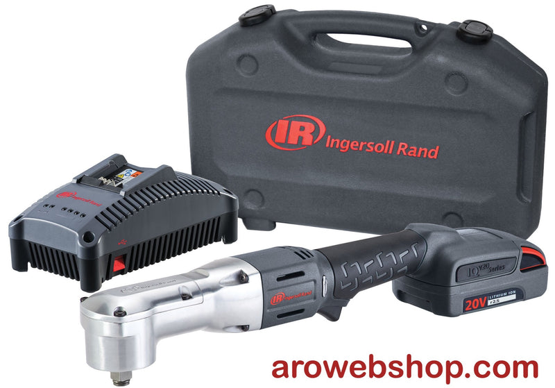 AKKU angle impact wrench SET W5330-K12-EU 20V 3/8" Ingersoll Rand, front machine in diagonal side view left with 1x AKKU Li-Ion BL2012 2.5 Ah, in the background charger BC1121-EU and hard case