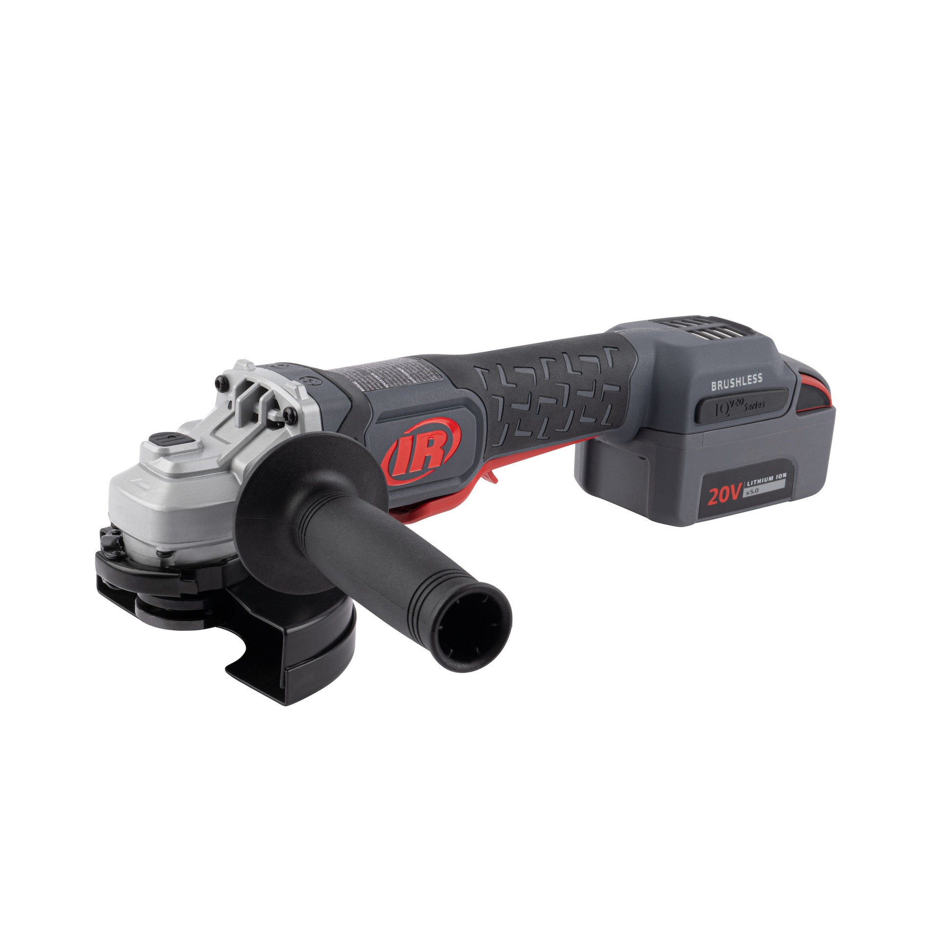 Amoladora angular a batería del SET G5351M-K22-EU 20 V 115/125 Ingersoll Rand Máquina con empuñadura lateral y batería, vista lateral izquierda