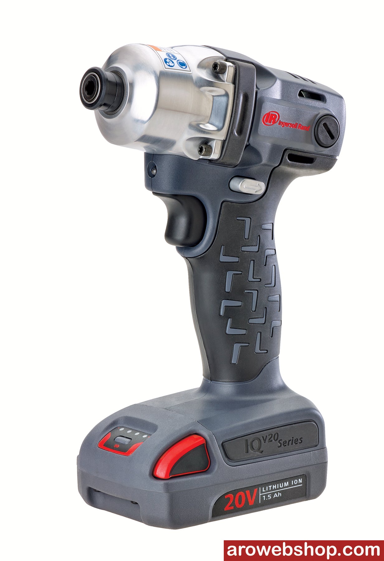 Atornillador de impacto a batería del SET 20 V 1/4" Hex W5111-K22-EU Ingersoll Rand 215 Nm, máquina con batería en vista lateral inclinada a la izquierda y desde delante. 