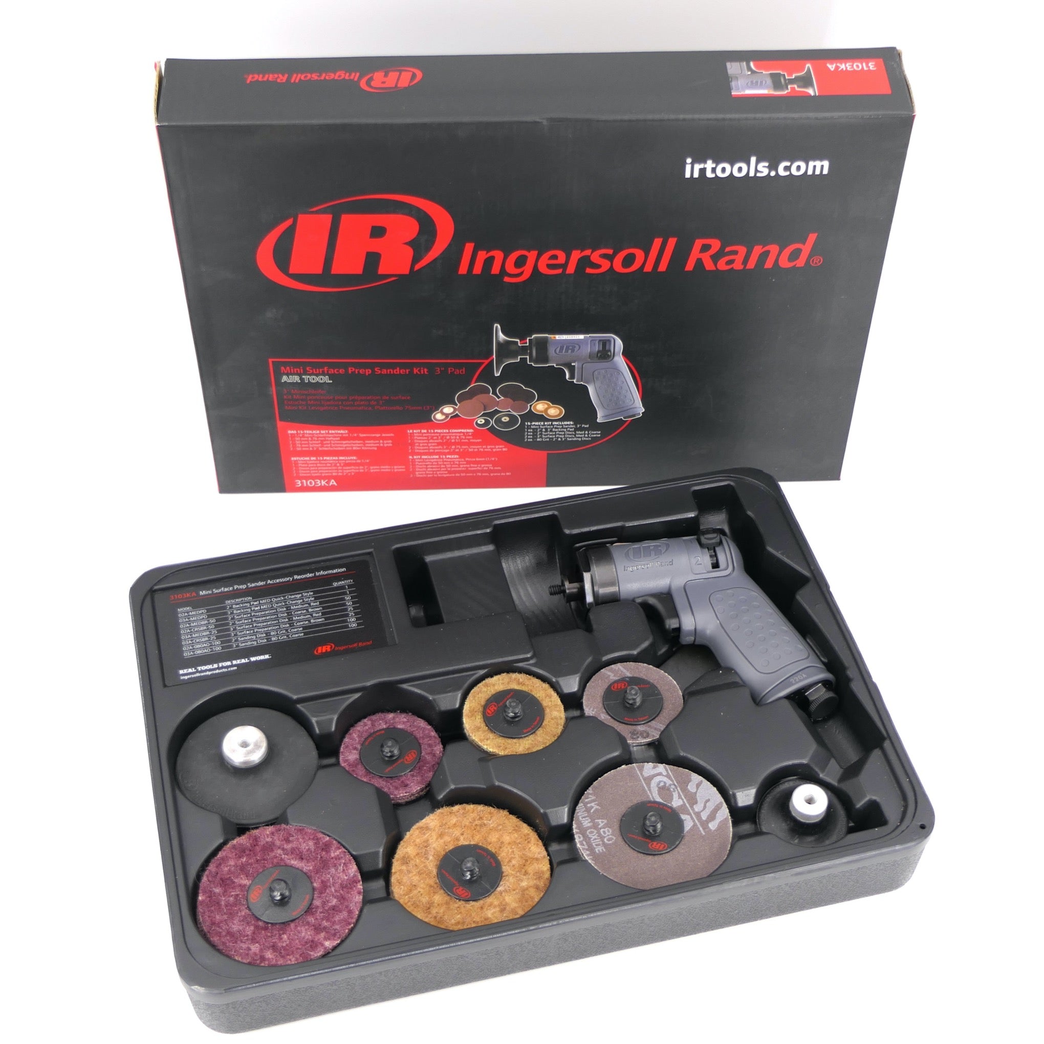 Meuleuse pneumatique SET 3103KA Ingersoll Rand avec abrasifs dans un emballage avec couvercle à l'arrière