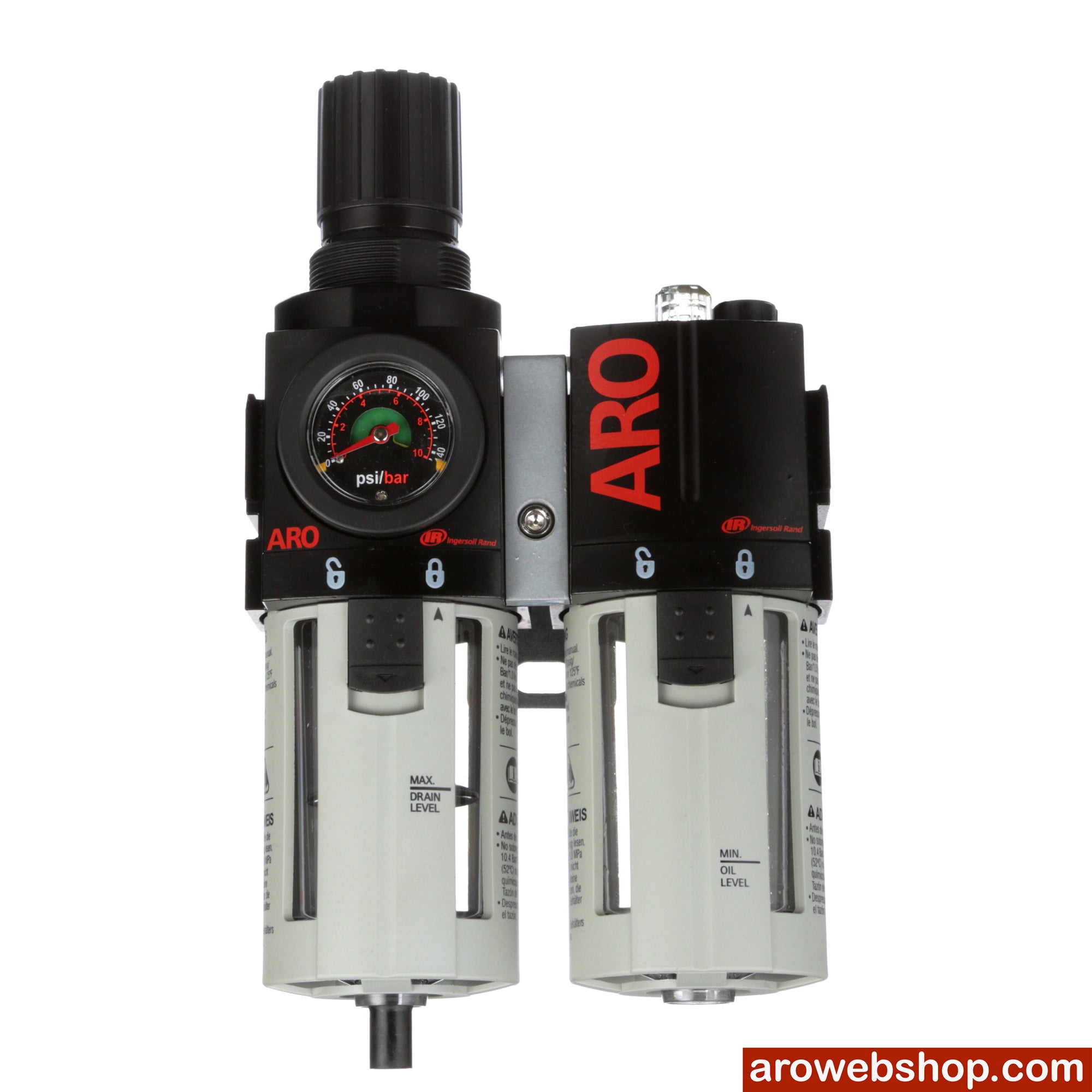 C383D1-600 Filtre-régulateur-lubrificateur Combinaison en 2 parties  1/2" BSP Série ARO Flo 2000 Réservoir en polycarbonate avec vidange manuelle à l'avant