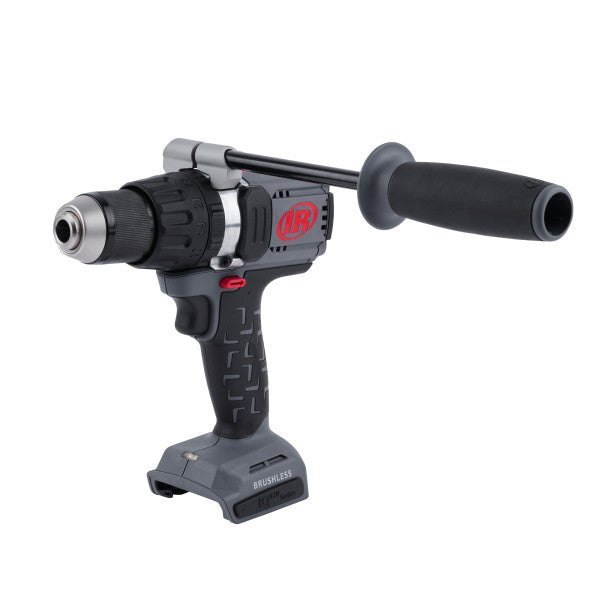 Akumulatorowa wiertarko-wkrętarka 20 V D5241 Ingersoll Rand bez akumulatora, widok z boku po przekątnej w lewo z dodatkowym uchwytem 
