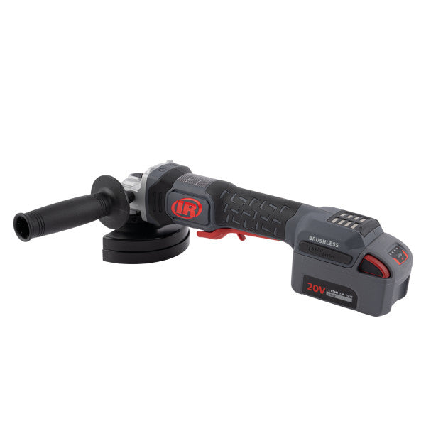 Szlifierka kątowa AKKU z zestawu SET G5351M-K22-EU 20V 115/125 Ingersoll Rand Maszyna z uchwytem bocznym i akumulatorem, widok z boku z lewej strony z tyłu