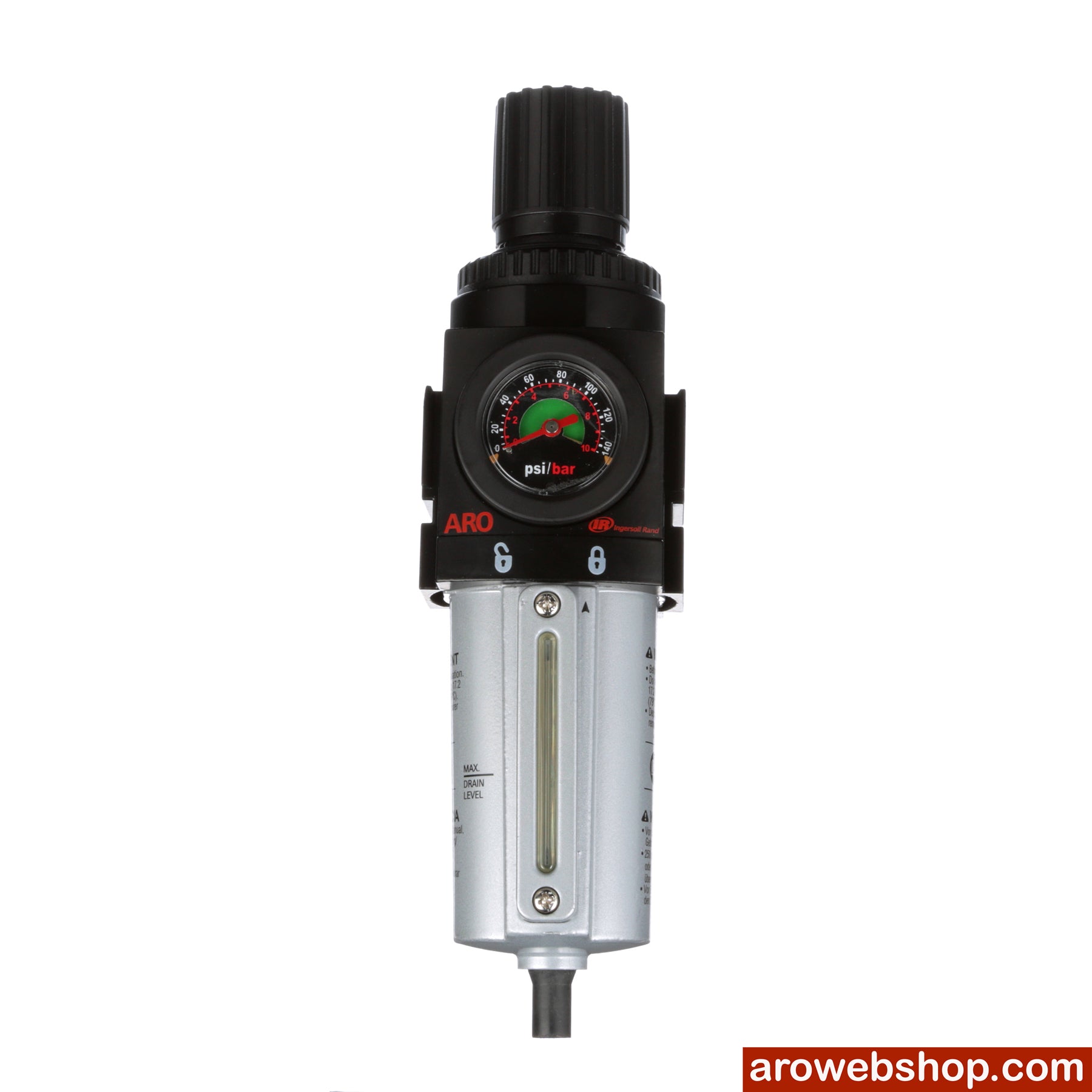 P39344-610 Regulator filtracyjny 1/2" Seria ARO-Flo 2000 Aluminiowy zbiornik z automatycznym spustem i wziernikiem z przodu