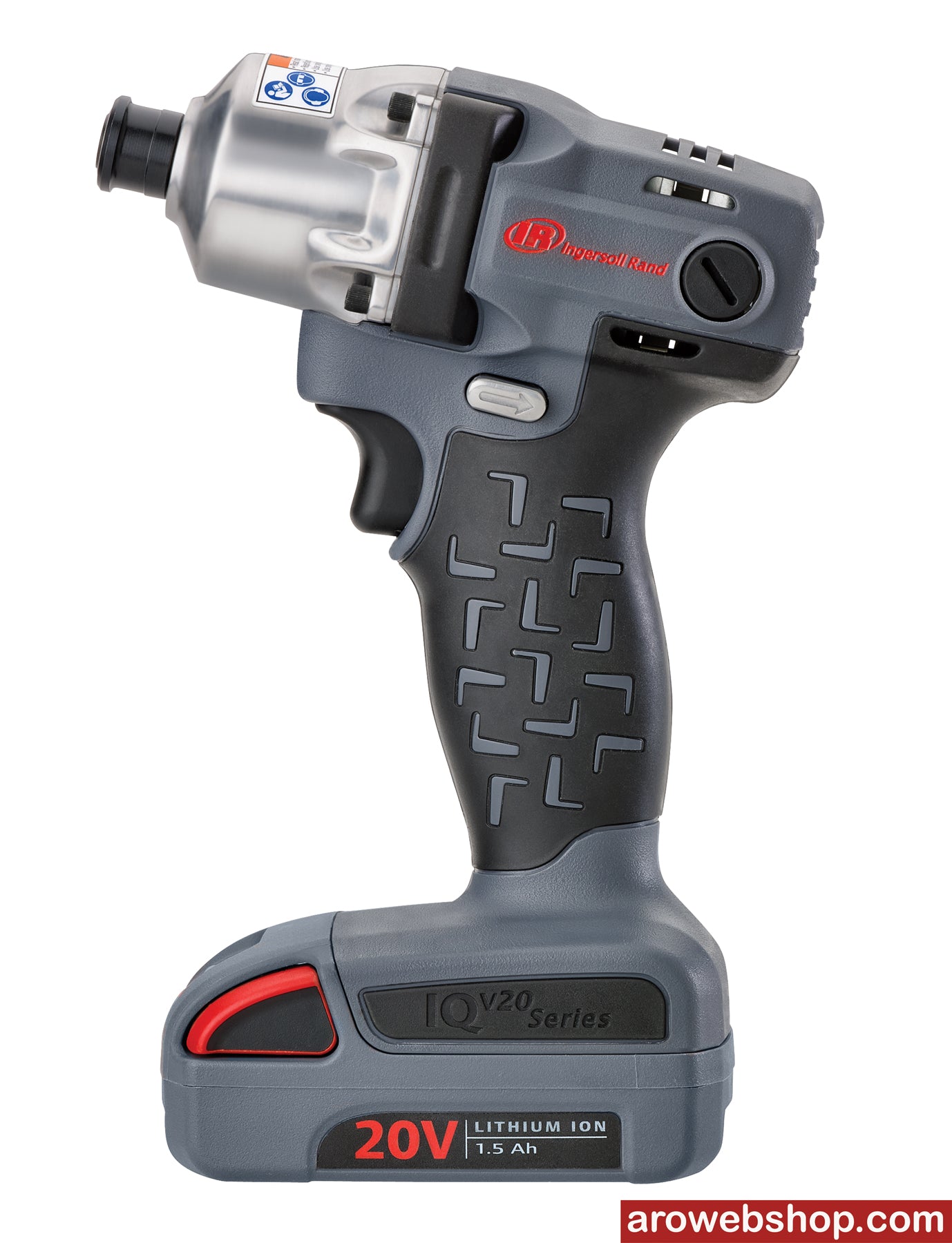 Akumulatorowa wkrętarka udarowa z zestawu 20 V 1/4” Hex W5111-K22-EU Ingersoll Rand 215 Nm, maszyna z akumulatorem, widok z boku po lewej stronie