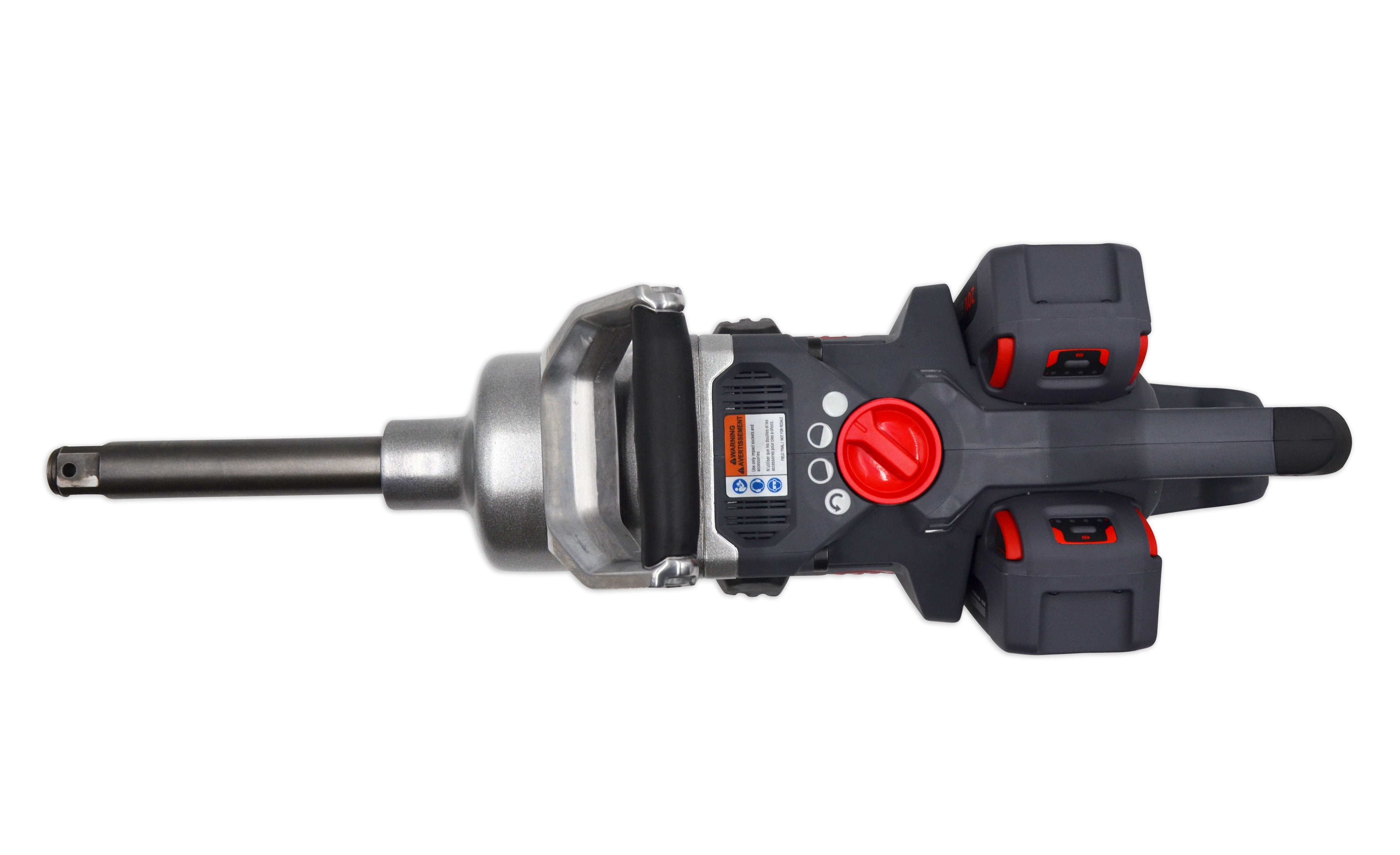Akumulatorowa wkrętarka udarowa z zestawu SET W9691-K4E-EU 4x 20 V 1" Ingersoll Rand, maszyna z 2 akumulatorami od góry z widokiem na regulator mocy