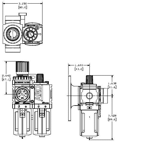 Zeichnung von C381B1-600 Filter-Regler-Öler 2-teilige Kombination 1/4" BSP ARO-Flo-Serie 1000 Polycarbonatbehälter mit manuellem Ablass