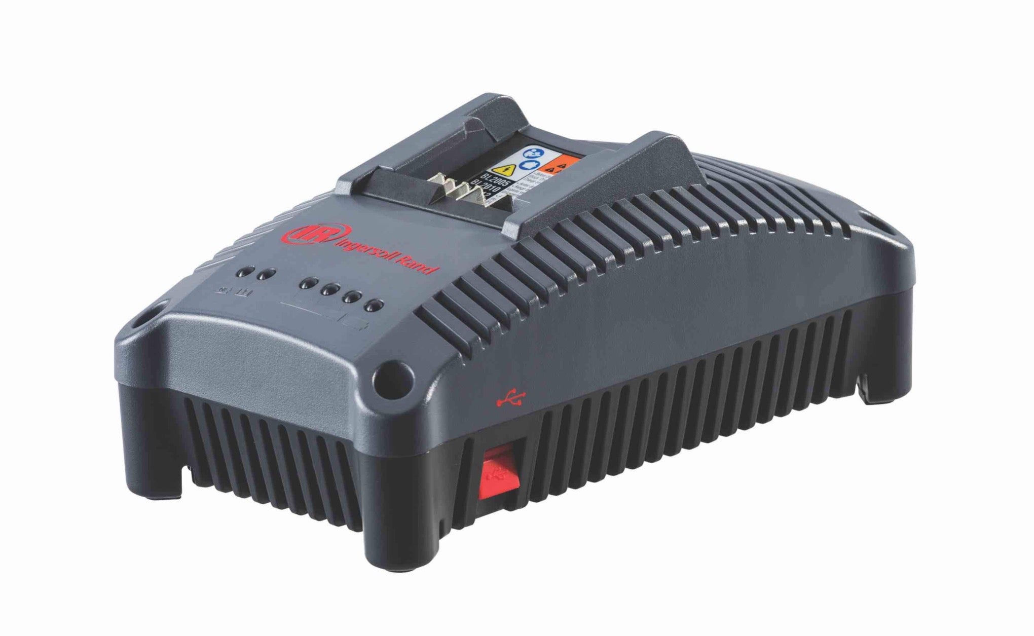 BC1121-EU Ladegerät 12/20 Volt für alle Ingersoll Rand 20V und 12V AKKU Werkzeuge, Ansicht von oben und schräg auf Seite links