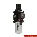 P39124-604 Filterregler 1/4" ARO-Flo-Serie 1000 Polycarbonatbehälter mit Automatikablass, Ansicht schräg seitlich und vorne