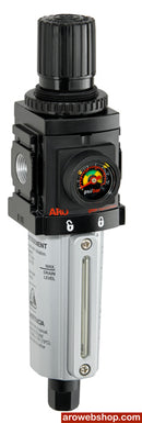 P392C4-614 Filterregler 3/8" ARO-Flo-Serie 1500 Metallbebehälter mit Automatikablass und Schauglas von schräg seitlich und vorne